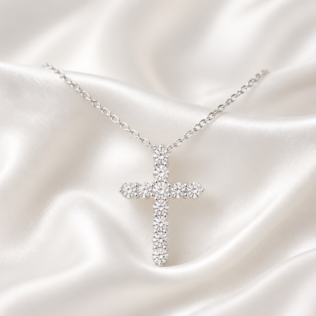 A silver cross pendant necklace paved with clear stones, resting on draped white satin fabric.