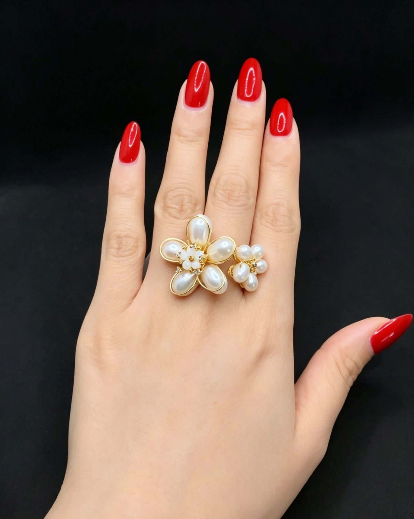 Bague Perle Double Fleur Coquillage