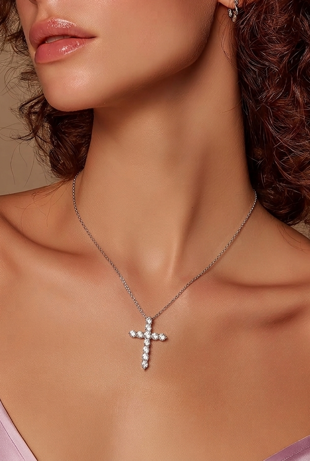 A close-up of a woman with curly brown hair wearing a silver cross pendant necklace adorned with small clear stones, paired with a matching stud earring and a light pink satin top against a warm beige background.
