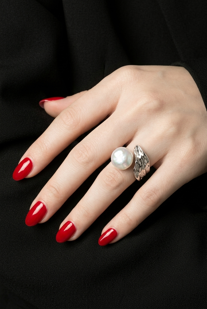 Wave Wrap Button Pearl Ring